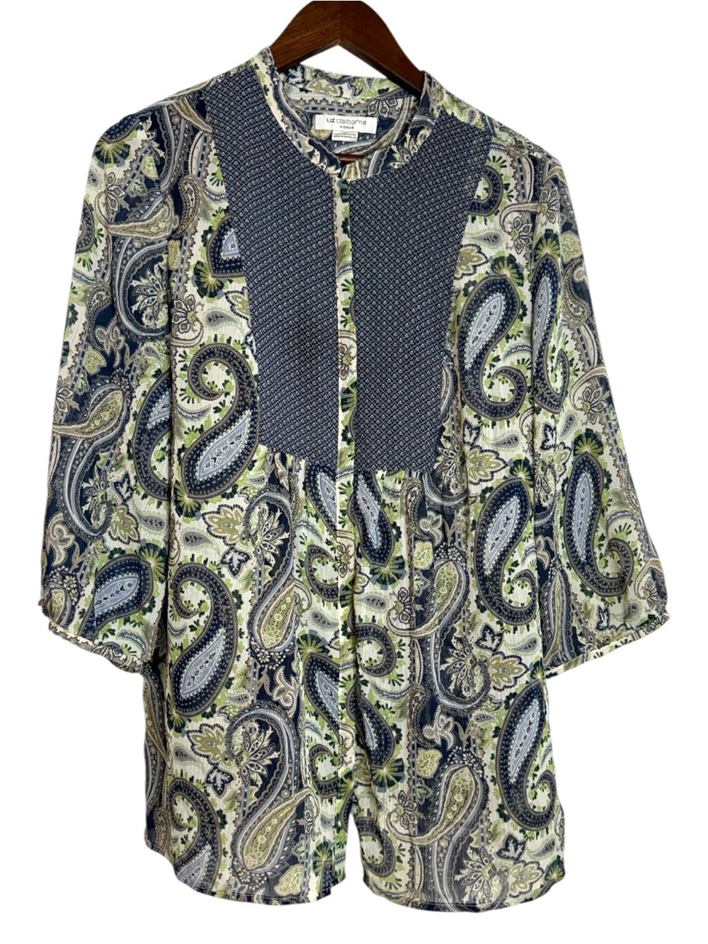 Liz Claiborne Paisley Button-Front Tunic Blouse 3/4 Sleeve Semi-Sheer 1X - Picture 1 of 7